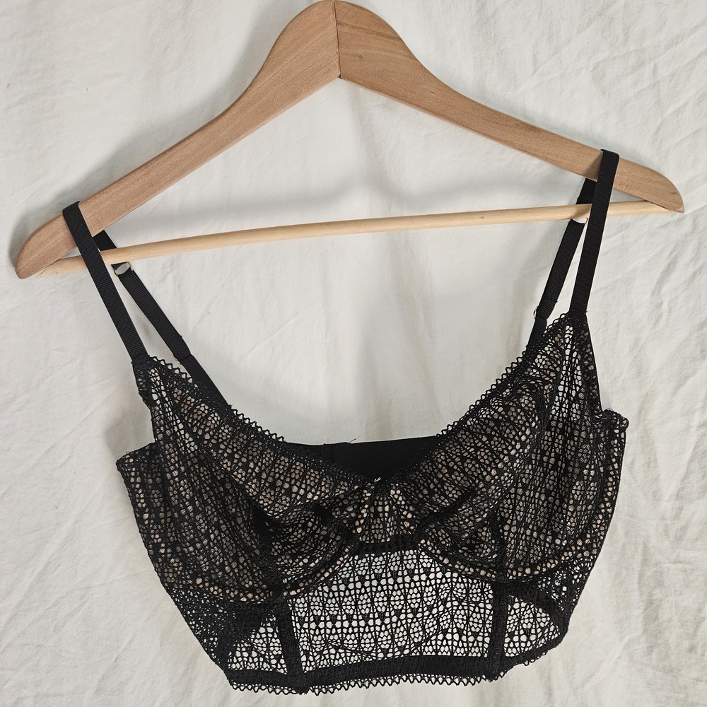 Nearly Nude Black Unlined Sheer Lace Bra with Adjustable Straps